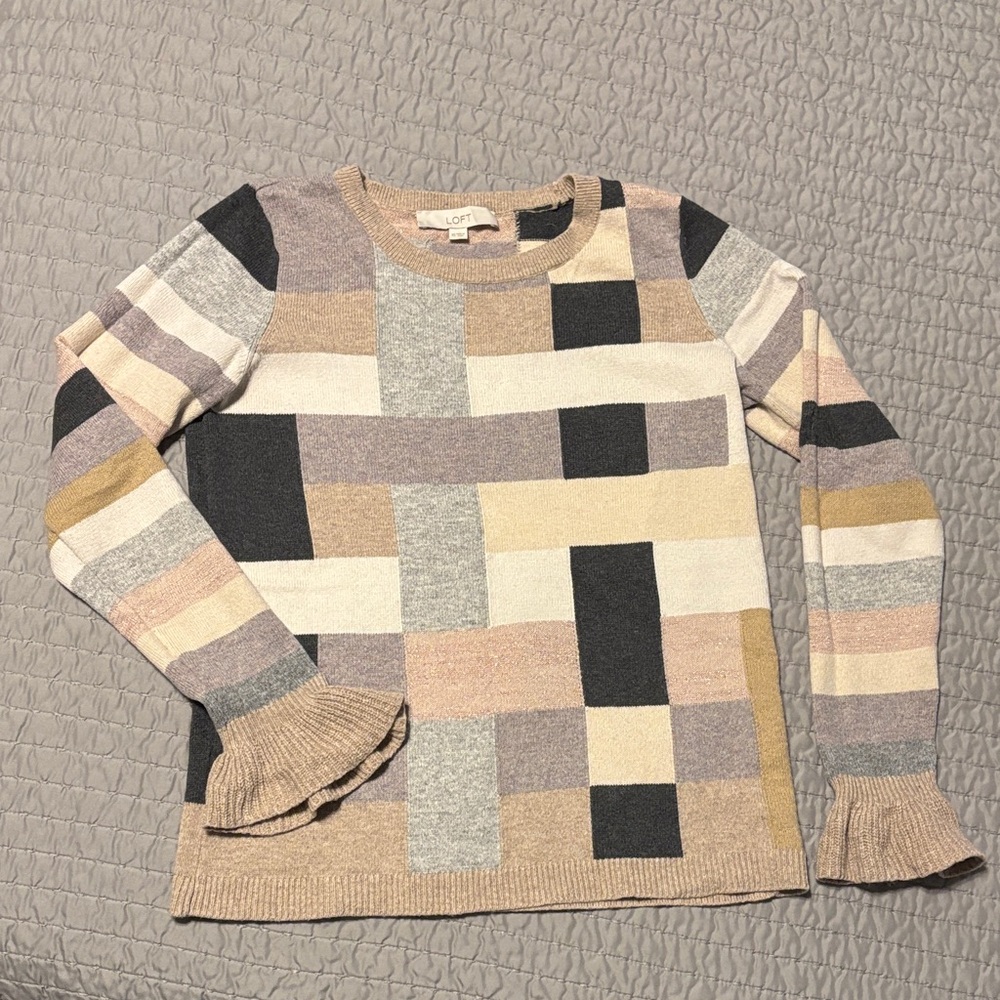 LOFT Colorblock Sweater with Ruffle Cuffs, XS